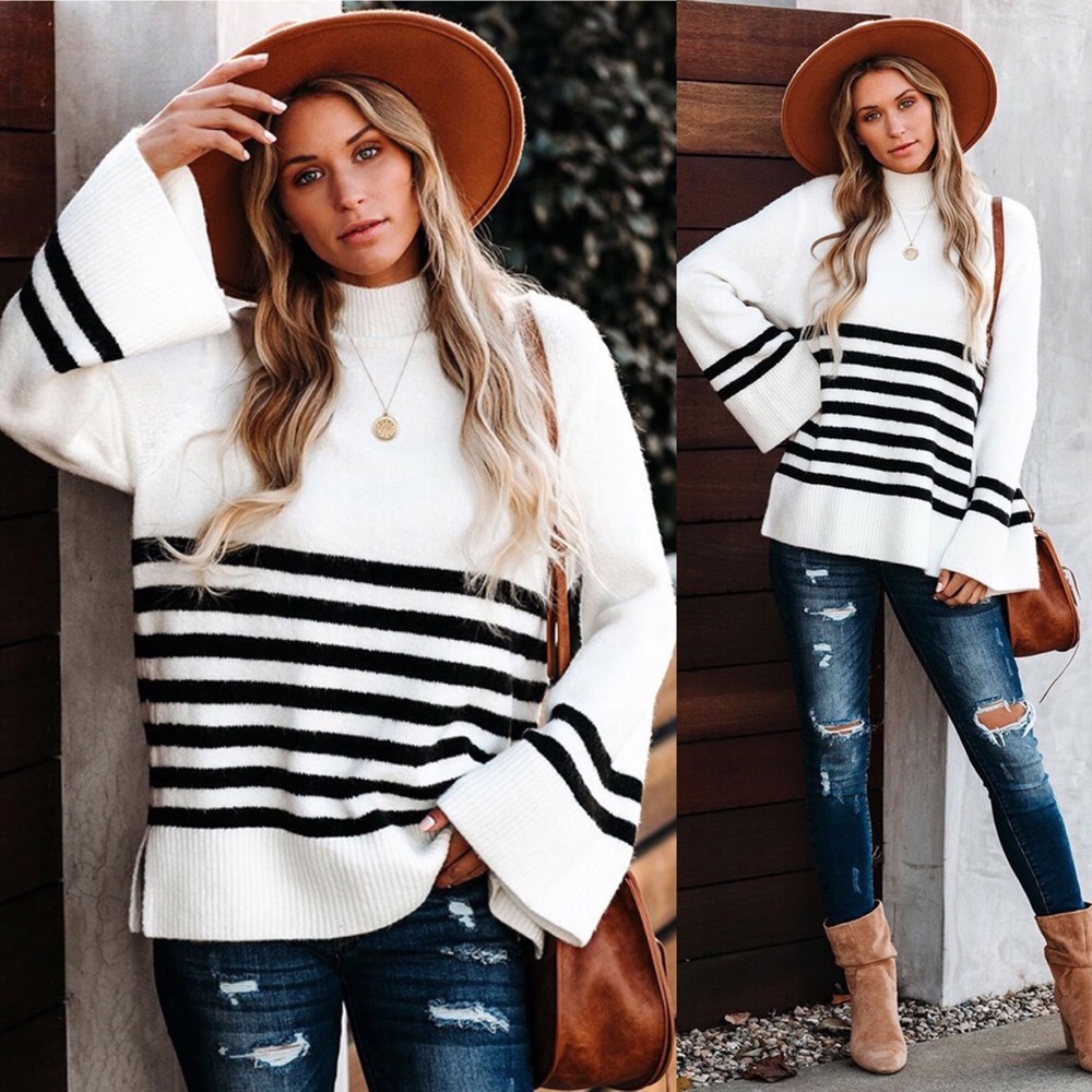 PREVIEW Ivory & Black Striped Oversized Sweater - Picture 9 of 9